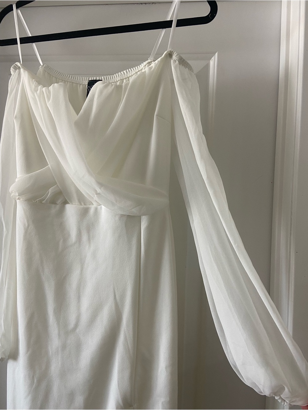 Windsor Off-Shoulder White Midi Dress with Sheer Bishop Sleeves - Picture 4 of 8
